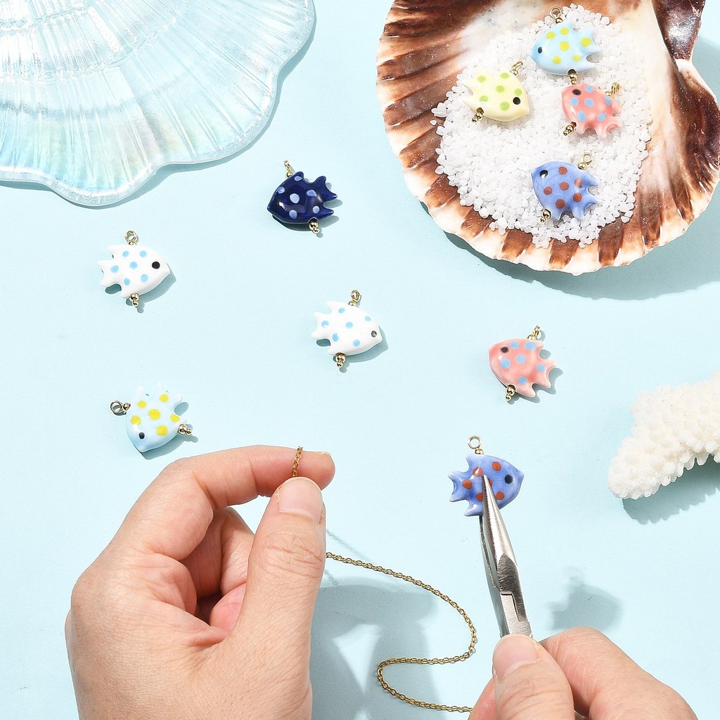 10pcs Handmade Porcelain Pendants with Stainless Steel Findings